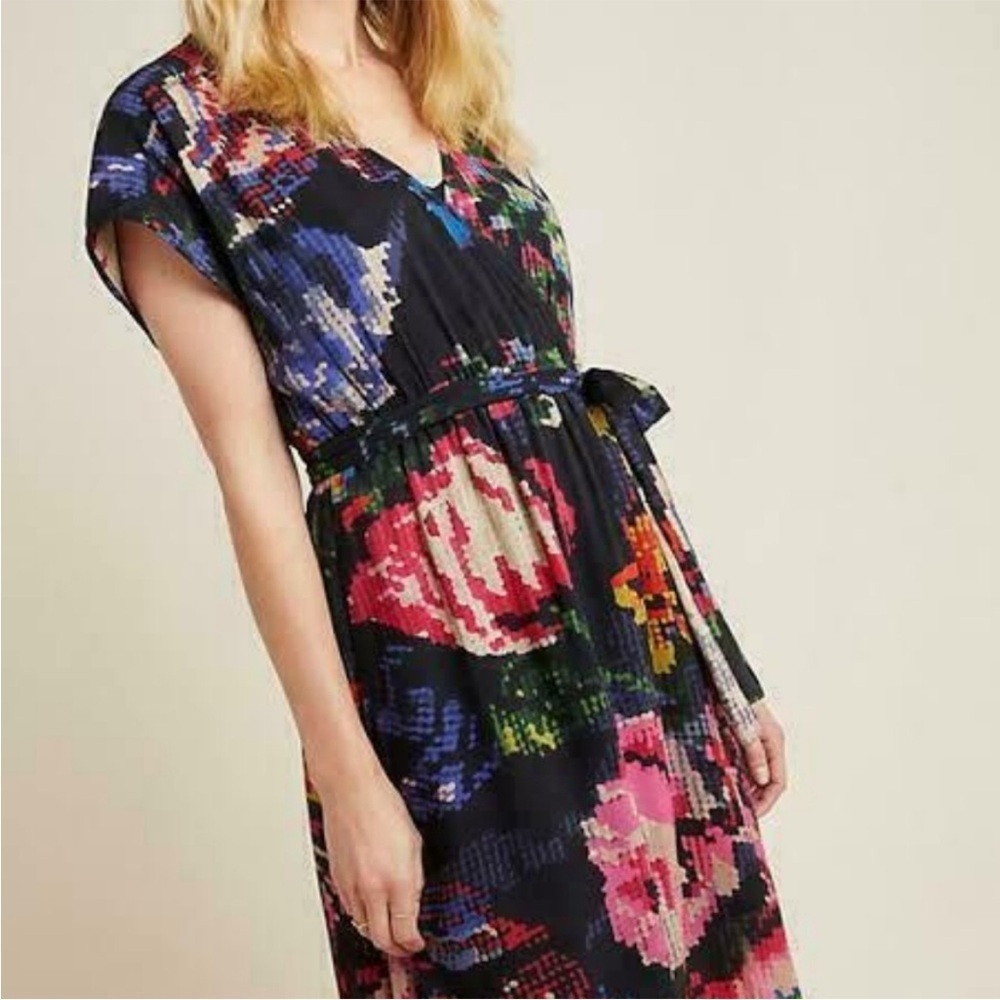Anthropologie Astrid Floral Needlepoint Dress Black Pink Size M